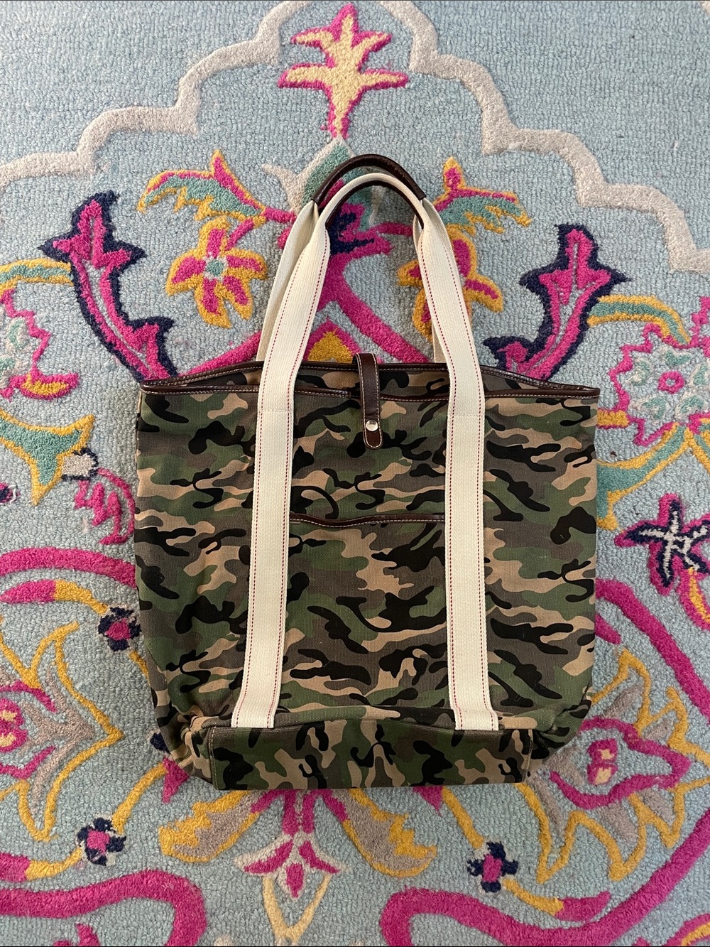 Camo Canvas Tote Bag with Cream Handles